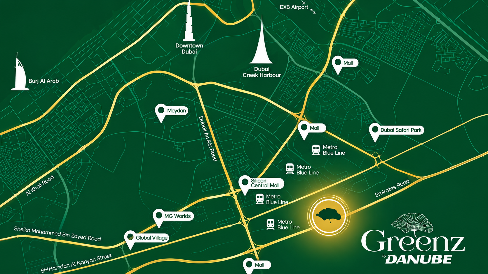 Greenz location map and nearby Dubai destinations