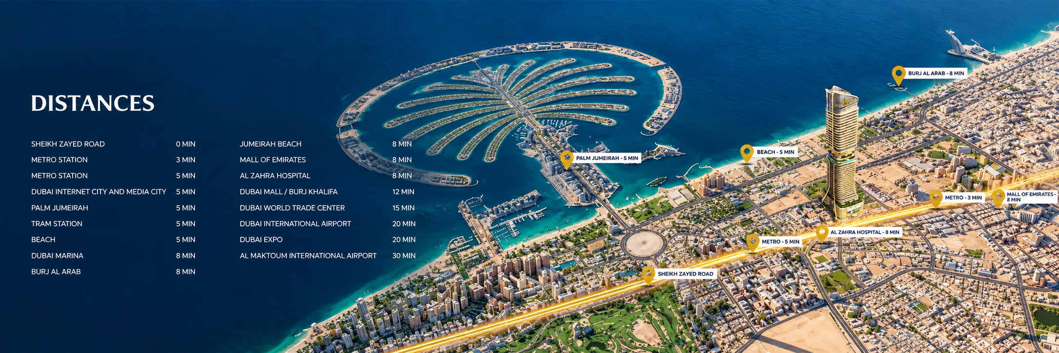 Dubai location map showing travel times from Shahrukhz Residences to key destinations